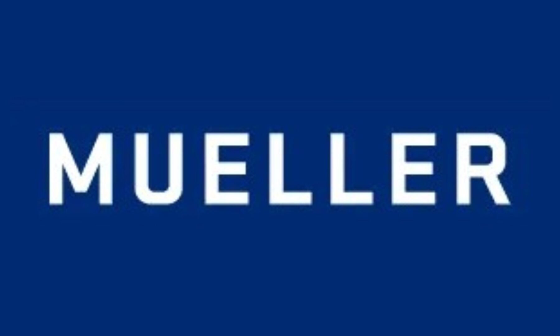 A blue background with white letters that say mueller.